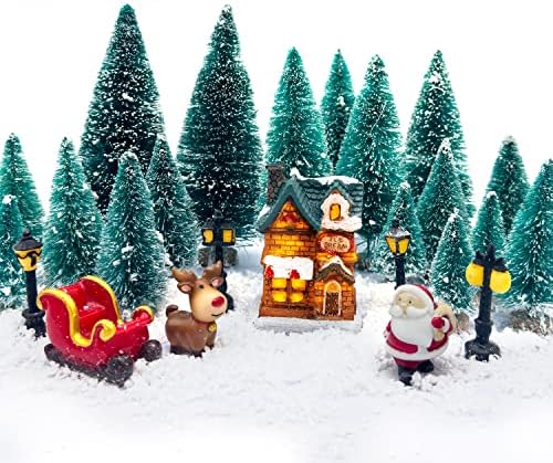 26 PC עצי אורן לחג המולד עצי שלג מלאכותי עצי כפור עם בית הכפר סנטה סאק אייל ומיני רחוב אור חג המולד עציץ בקבוק