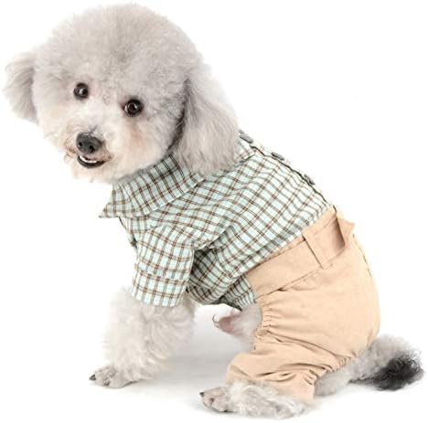 Smalllee_lucky_store כפתור למטה תלבושות חולצות כותנה משובצות בריטיות לכלבים קטנים בנים עם מכנסיים מזדמנים של חגורה חיות