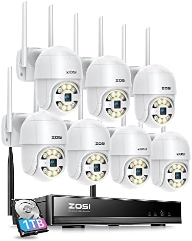 ZOSI C289 2K 8CH מערכת מצלמות אבטחה אלחוטית PTZ, 7 x 3MP WiFi WiFi מצלמת מסלול אוטומטי חיצה, ראיית לילה צבע,