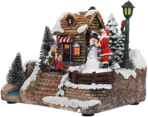 Veemoon Decord Decor חג המולד כפר בית פסל בית עם אור LED סנטה שלג איש שרף גן פסלונים קישוטים