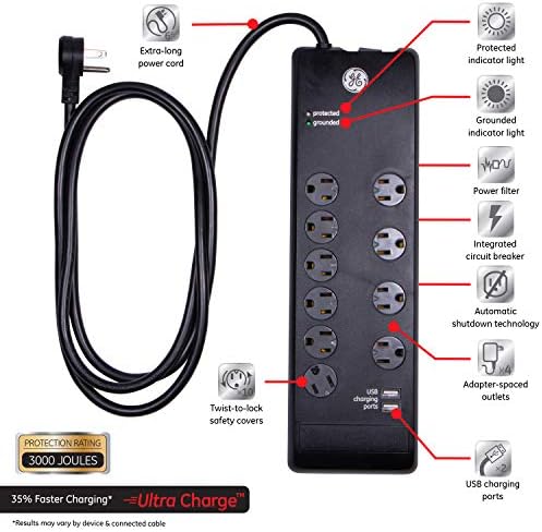 GE Ultrapro 10-Outlet Surge מגן, 2 יציאות USB, 6 רגל כבל חשמל & GE 6-Outlet Surge מגן, כבל הרחבה 6 רגל, רצועת חשמל, 800 ג'ול,