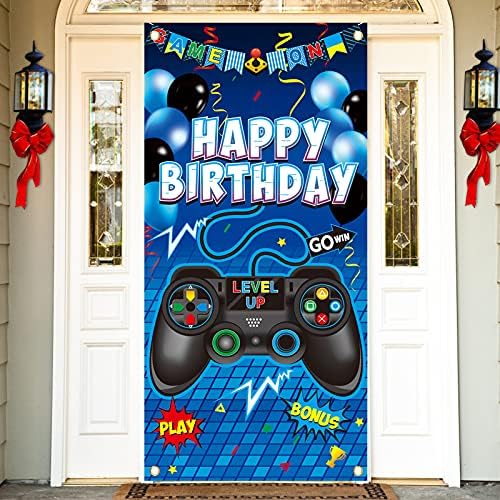 וידאו משחק שמח יום הולדת ספקי צד וידאו משחקי דלת באנר - כחול גיימר חדר דלת תפאורות דקור עבור ילד-משחק בקר נושאים יום