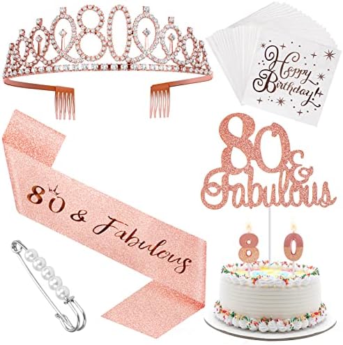 קישוטים ליום הולדת 80 לנשים, יום הולדת 80 נזר כתר ואבנט, טופר עוגה, נרות יום הולדת, סט מפיות, מתנות יום הולדת 80 לנשים