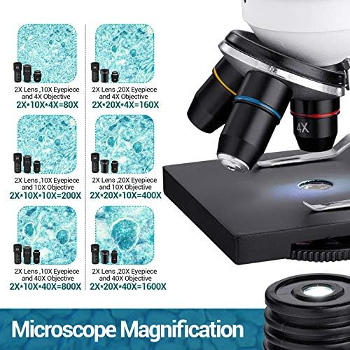 מיקרוסקופ ביולוגי לסטודנטים, מיקרוסקופ מורכב 40X-1600X למבוגרים, מיקרוסקופים LED כפולים עם מתאם טלפונים, ערכת מיקרוסקופ