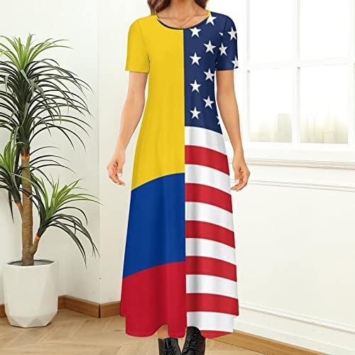 קולומביה אמריקאי דגל נשים של קצר שרוול עגול צוואר ארוך מקסי שמלות מודפס קיץ