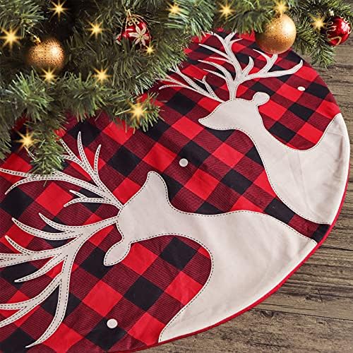 חצאית עץ חג המולד של ארנב פזמון, 48 אינץ 'אדום ושחור בדוק חצאית עץ גדולה עם פתית שלג איילים, שכבות כפולות צווארון עץ כפרי לחג