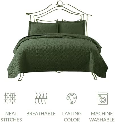 סט שמיכה ביתית אקסית קווין מלא בגודל קווין ירוק זית 3 חלקים, כיסוי רך קל משקל סגנון מודרני ריבועים דפוס מיטה סט