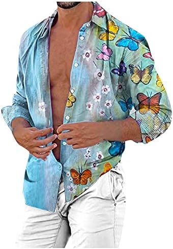 חולצות פשתן כותנה של UBST לגברים, כפתור סתיו למטה ציפורי שרוול ארוך ציפורים מדפיסות חולצה הוואי מזדמנת צמרות חוף ז'קט