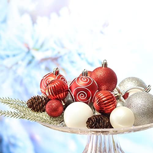 קישוטי חג המולד לבנים ואדומים של אוצ'י, 57 יחידות כדורי עץ חג מולד אטומים מכוונים קישוטי חג המולד מפלסטיק