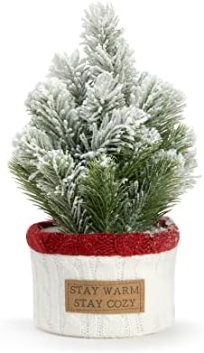 Demdaco הישאר נעים ירוק ולבן עץ חג המולד מלאכותי בגודל 10 אינץ 'בסל סרוג