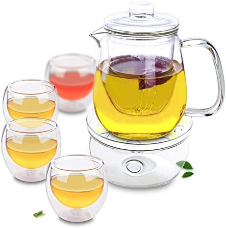 ערכת תה זכוכית יפה- קומקום קפה + 4 כוסות קיר כפול ספלים + תה חם יותר