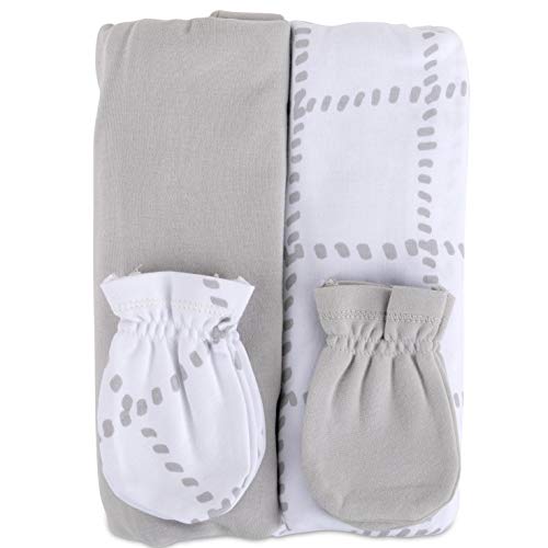 פטיט חלומות קווי רשת אפורים ותינוק אפור מוצק שמיכה לבישה וכפפות קבעו כותנה סרוגה לתינוק או תינוקת, 1-6 חודשים,