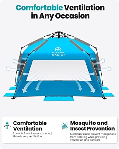 אוהל חוף OutdOorMaster עם טכנולוגיית מקלט כהה, מקלט צל שמש נייד 4 אדם, אוהלי חוף מוקפצים עם הגנה על UP 50+