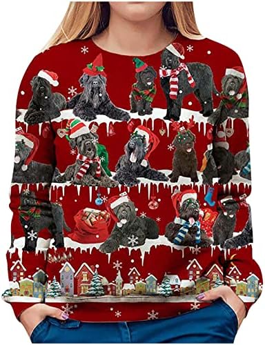 חולצת טריקו להדפס אדום לחג המולד של נשים שרוול ארוך שרוול מזדמן חולצה חולצות חולצות כלבים חידוש חולצות סוודר