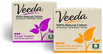 Veeda ללא GMO כותנה טבעית נטולת סופר וסופר פלוס טמפונים, כלור, רעלן, חומרי הדברה, ניחוח, סינתטיים וצבע חופשי, לא מרומם,
