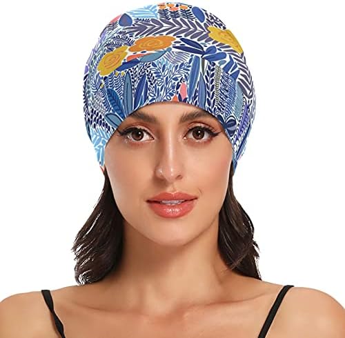 כובע עבודה של כובע שינה כובע מצנפת כפות צמחים טרופיים משאיר פרח כחול פרחוני לנשים גלישת לילה בגדי שיער