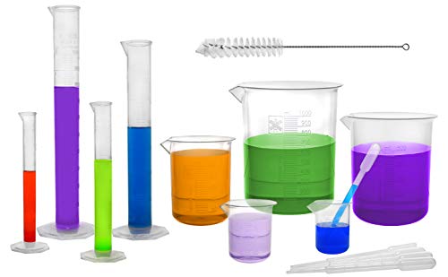 ערכת פלסטיק אולטימטיבית - סט מעבדת מדע 15 חלקים-כולל 5 כוסות פוליפרופילן, 4 צילינדרים מדורגים מפוליפרופילן, 5 פיפטות פוליאתילן