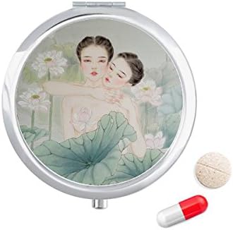 יופי עם לוטוס סיני סגנון בצבעי מים גלולת מקרה כיס רפואת אחסון תיבת מיכל מתקן