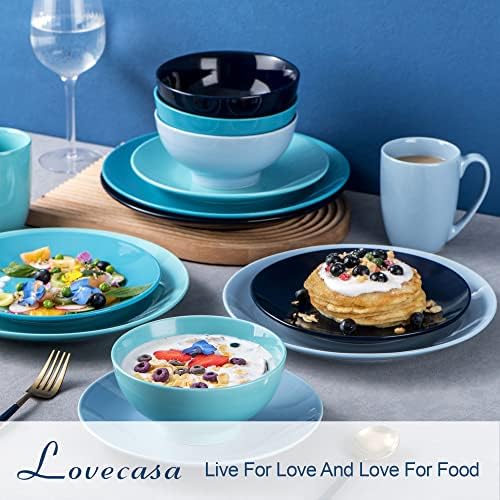 סטים של צלחות וקערות ל -4, 16 חתיכות ערכות כלי אוכל חרסינה, ערכת כלים מרובי כחולים של Lovecasa, צלחות עגולות מערכי כלי