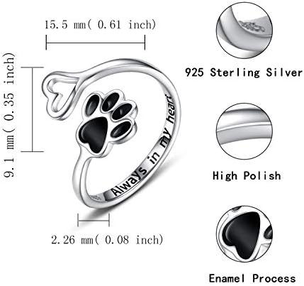 חובבי חיות מחמד של גורים כפה הדפסת טבעת לב 925 סטרלינג כסף מתכוונן טבעת חיות מחמד תכשיטים חיות חיות יצירתי אהבה