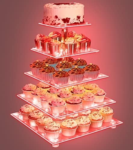 בית אוטופיה - עמדת קאפקייקס אקרילית מרובעת עם מיתרי תאורת LED אדומים - מגדל קאפקייקס פרימיום 5 שכבה - עמדת עוגת