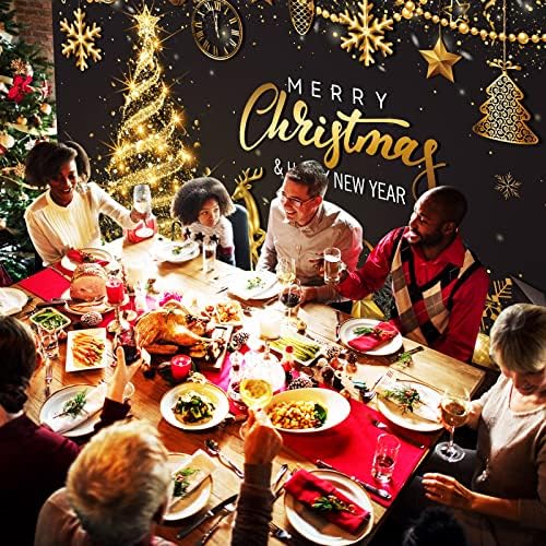 תפאורת מסיבת חג שמח חג המולד חג המולד באנר זהב שחור רקע עץ חג המולד עץ השנה החדשה ערב צילום רקע לחג המולד של ראש