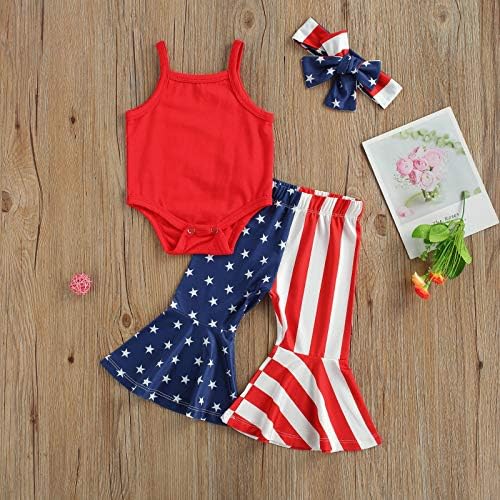 בנות תינוקות 4 ביולי תלבושת תלבושת ללא שרוולים חולצות רומפר אמריקאיות דגל אמריקה מתלקח על מכנסי פעמון מכנסיים.