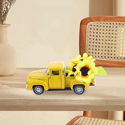 עיצוב משאית מתכת של Homsfou עם חמניות וינטג 'משאית צהובה עם פרחים פרחים מלאכותיים משאית מגש שכבתי לקישוט לקישוט
