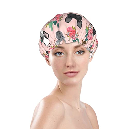 כובע מקלחת מודפס של פרח בולדוג, שכבות כפולות כובע אמבטיה לנשים אטום למים כובעי מקלחת אמבטיה אלסטיים שיער שיער לשימוש חוזר