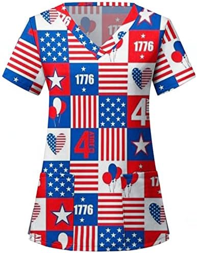 4 ביולי חולצות לנשים דגל ארה ב קיץ שרוול קצר חולצת טריקו עם 2 כיסים חולצה למעלה בגדי עבודה מזדמנים לחג