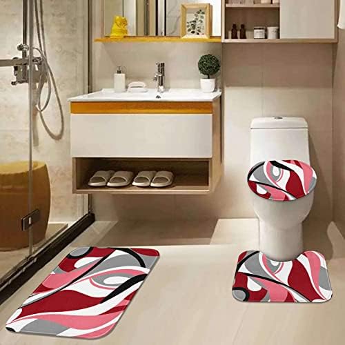 ערכות וילון מקלחת גיאומטריות עם כיסוי מכסה אסלה ושטיחים שאינם החלקה, אדום שחור אפור 4 וילונות מקלחת לחדר אמבטיה, עיצוב חדר אמבטיה