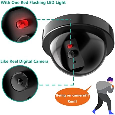 מצלמת כיפת אבטחה מזויפת של וואלי דמה מזויפת עם נורת LED אדומה מהבהבת עם מדבקות מדבקות התראה על אבטחה, שחור