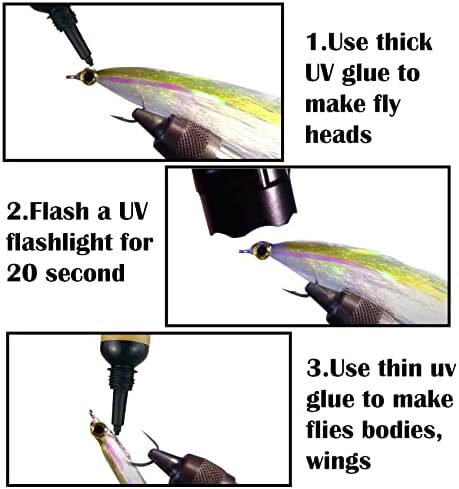 Riverruns UV דבק ברור שלוש פורמולה עבה, דקה וסופר עפה +12 LED UV כוח קליל קשירה לבניית זבובי זבובים ראשים גופות וכנפיים נטולות