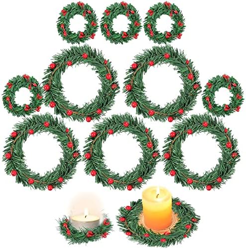 טבעות נרות חג המולד זרים, 4in & 2in זר מלאכותי זר נרות למודי נרות עמוד וטבעת מפיות, קישוטי חג המולד של מרכז
