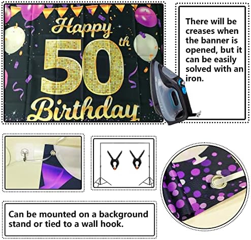 4 על 6 רגל קישוטים שמחים למסיבת יום הולדת 50 באנר שלט זהב ושחור-לחיים ליום נישואין 50 שנה אספקת מסיבת רקע לתא צילום סגול
