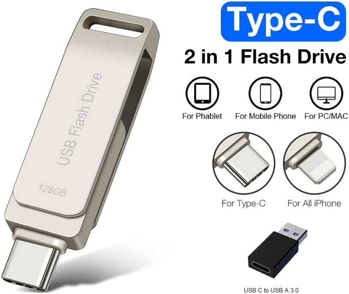 כונן פלאש USB 128 ג'יגה -בייט USB C כונן אגודל 2 ב 1 מקל תמונה לאייפון MacBook Pro סוג C מחשבים אנדרואיד וטאבלטים כסף