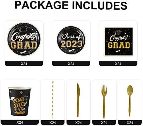 צלחות סיום אקרוק ומפיות 2023 ל -24 אורחים, כלי אוכל נייר חד פעמיים המוגדרים בשחור וזהב לציוד למסיבות סיום, 108