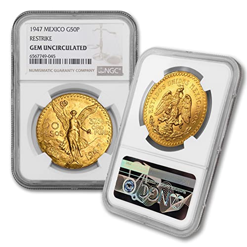 1947 זהב מקסיקני 50 פזו מטבע AGW 1.2057 GEM GEM Uncirculated - Moneda de 37.5 GR de Oro Puro 50 MXN NGC Mint State