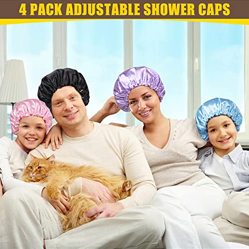 4 מארז כובעי מקלחת מתכווננים, כובעי מקלחת לשימוש חוזר לשיער ארוך לנשים, כובע שיער עמיד למים שכבה כפולה למקלחת, מצנפת