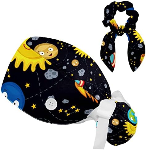 כוכבי חלל כוכבי לכת גלקסיות רוקטס שמש כובע כירורגי עם כפתורים/שיער קשת משובצת לשיער ארוך