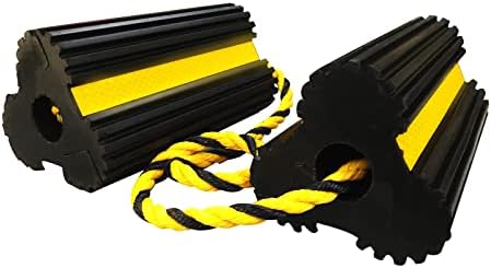 חוסמי גלגל בלוק גומי כבד בסיס מונע החלקה עם חבל ניילון סרט רעיוני צהוב-1 זוגות שחור, 7.8 ארוך על 4.1 רחב על 3.9
