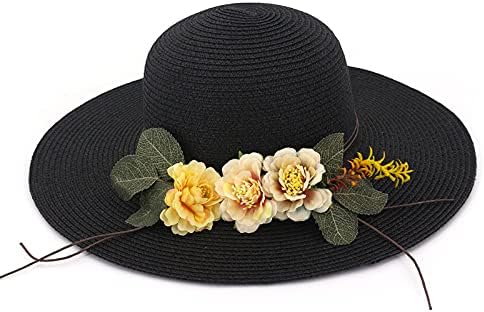 כובע קש רחב רחב קלאסי לנשים עם פרחים נוח נוח חוף שמש כובע חוץ מתקפל