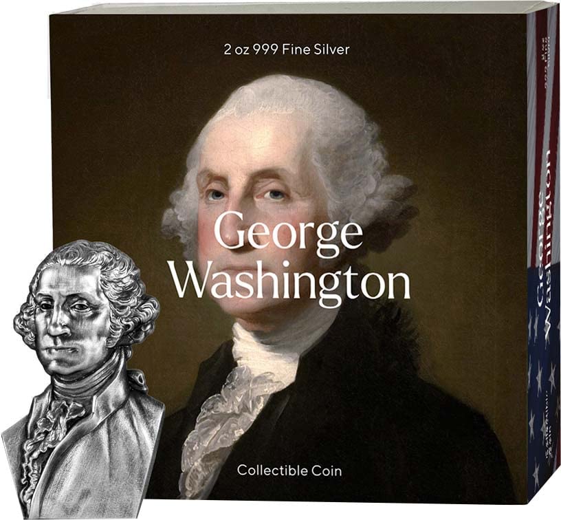 2023 de Busts Powercoin George Washington בצורת 2 עוז מטבע כסף 10000 פרנק צ'אד 2023 גימור עתיק