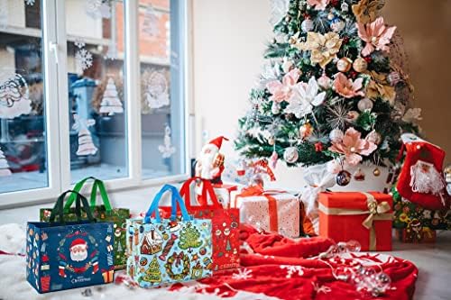 12 שקיות טוטות חג מולד עם ידית, תיק מתנה גדול לחג המולד לשימוש חוזר של קניות מכולת שאינן ארוגות, חג המולד של סנטה