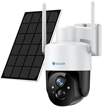 Unilook 2k מצלמת אבטחה אלחוטית PTZ 360 ° מצלמת סולארית חיצונית עם ראיית לילה צבעונית של 3MP, AI גילוי תנועה IP66 אטום מים,