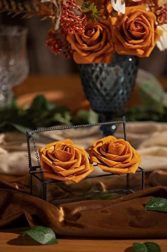 זמן גוון פרחים כתומים שרופים, פרחים מזויפים לקישוט ורד עם גבעול, 25 יחידות פרחים מלאכותיים ורדים עבור זרי חתונה DIY,