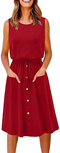 לאחר לידה שמלה לנשים נשים קיץ רופף עגול צוואר אפוד שמלה עם כיס כפתור סיבתי מקסי שמלות עבור