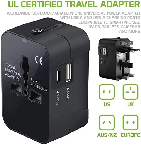 Travel USB פלוס מתאם כוח בינלאומי תואם ל- iCemobile G7 לכוח עולמי לשלושה מכשירים USB Typec, USB-A לנסוע בין ארהב/האיחוד האירופי/AUS/NZ/UK/CN