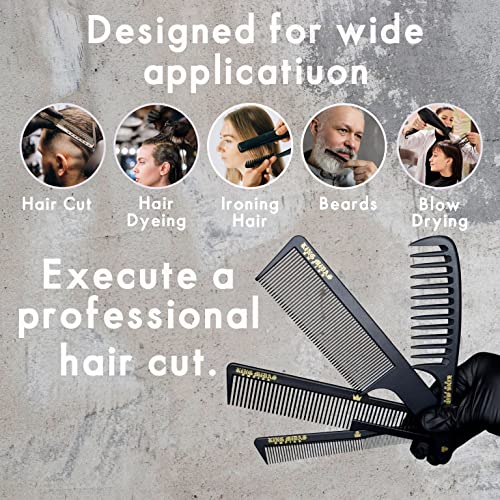 סט מסרק Barber של קינג מידאס - 4 יח 'מסרקי שיער מקצועיים בכיתה - מסרקי פחמן ארוכי טווח עמידים בחום - מסרק מוגדר לעיצוב שיער