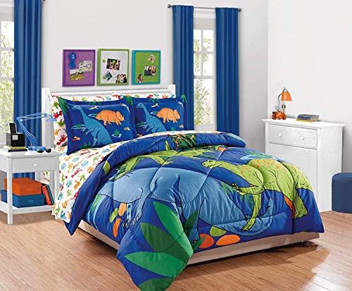 בית אלגנטי מולטי -צבעוני כחול כחול ירוק כתום דינוזאורים עיצוב 7 חלקים מצעי שמיכה לבנים/מיטת ילדים בתיק עם סט